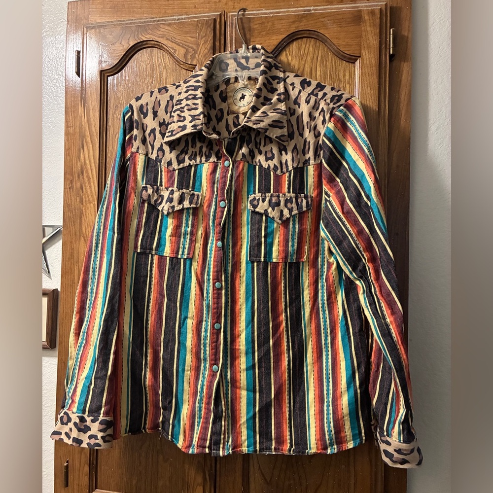 Leopard and Striped Button-Up Shirt - XL